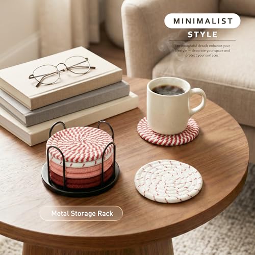Lazebox Coasters Set of 8 for Drinks, 4 Inch Large Coasters for Coffee Table, Tabletop Protection for Hot & Cold Drinks, Versatile Coasters for Home Decor, Non-Slip & Easy to Clean, Red - color: Red