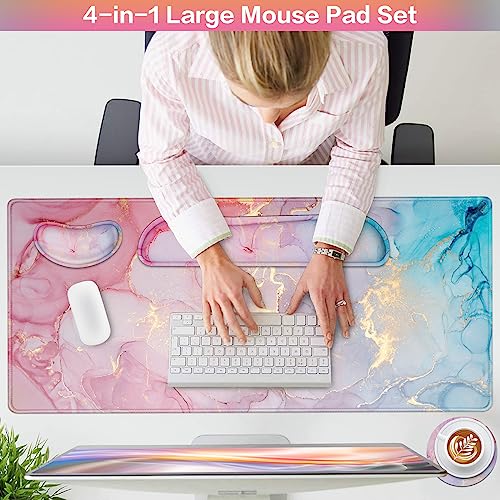 Mouse Pad Pink, Mouse Pad with Wrist Rest, 4-in-1 XXL Extended Large Desk Mat +Mousepad with Gel Wrist Support+Keyboard Wrist Rest+Coaster,Ergonomic Desk Pad for Study Gaming Home Office Computer - color: Pink Blue Marble