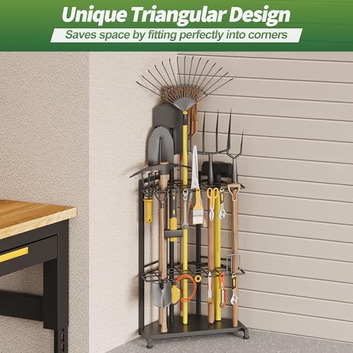 Garden Tool Organizer for Corner - Heavy Duty Metal Rack with 34 Storage Compartments & 14 Hooks for Shovels, Rakes, Long-Handled Tools, Ideal for Garden, Shed, Garage Storage - style: Corner Rack