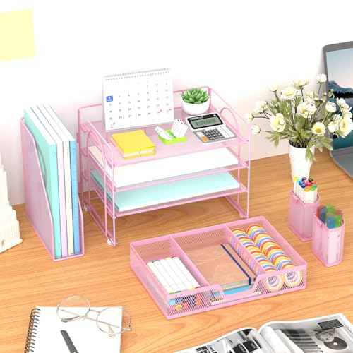 Marbrasse Desk Organizer and Accessories,4-Tier Paper Letter Tray Organizer with File Holder, Workspace Desk Organizers Accessories with Drawer and 2 Pen Holder (Pink, 15.4" x 9.1" x 8.3") - color: Pink