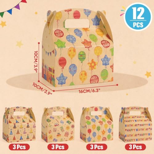 WERNNSAI 12 Pcs Kraft Party Boxes Colour Gift Box for Birthday Decorations | Kraft Paper Material, Diverse Birthday Elements, Sturdy and Easy to Assemble, Double-sided Design Styles - color: Birthday Kraft
