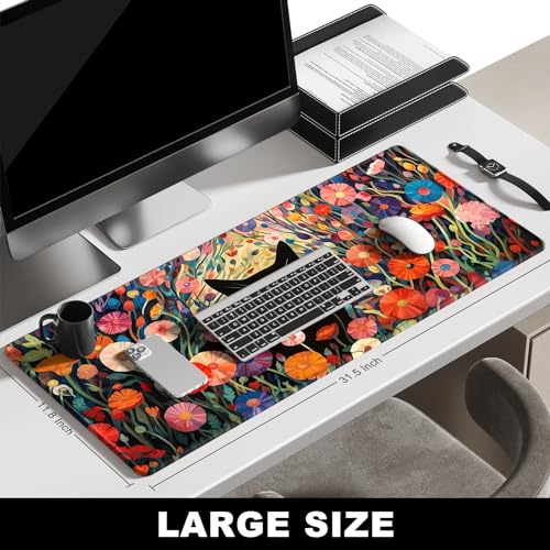 BOSOBO Extra Large Mouse Pad for Gaming and Office, XXL XL Desktop Full Cover Mat, 31.5 x 11.8 Inches, Pink Orange Flowers and Cat - color: Flowers and Cat, size: XL - 31.5 x 11.8 Inches