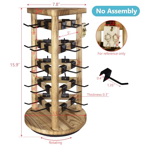 Ikee Design Wooden Rotating Jewelry Display Stand Tower With 30 Removable Hooks,Spinning Earring Card Storage Display Holder Stand for Store,Showcase,Tradeshow and Home,Oak Color - color: 3 side, Oak, 30 hooks