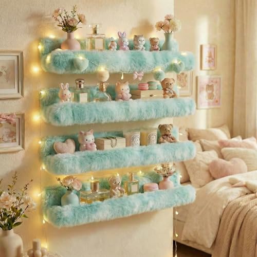 Care&More YJ 15 Inch Nail Polish Shelves, 4-Pack Fuzzy Display Nail Polish Rack for Storing Nail Bottles, Sunglasses, Essential Oils, Plush Soft (Green) - color: Green