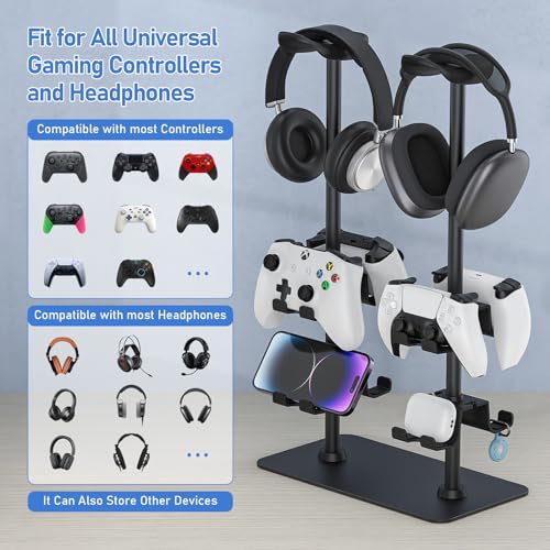 MANMUVIMO Headset Stand Controller Holder for 2 Headset and 8 Controller, Headphone Stand Gaming Controller Holder for PS5 Xbox Airpods Beats Bose, Gaming Room Accessories, Gamer Gifts for Men - size: 2 Headphone 8 Controller Holder Black