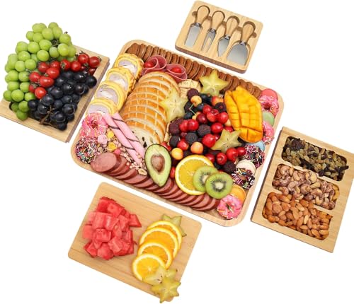 Charcuterie Board Set - Bamboo Cheese Board & Serving Tray with Stainless Steel Knives and Bowls, Housewarming Gifts New Home, Gift for Wedding Couple, Bridal Shower (NLB, 02) - size: 02