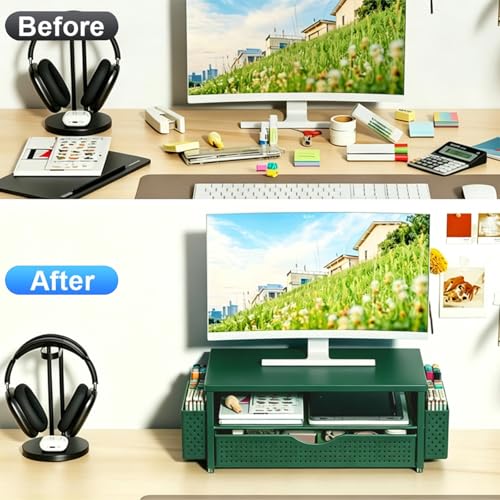 Spacrea Desk Organizer and Accessories, Computer Monitor Stand Riser with Drawer and 2 Pen Holders, Office Desk Accessories & Workspace Organizers for Office Supplies (Dark Green) - color: Dark Green