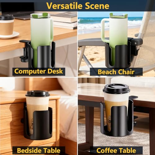 Desk Cup Holder Clip On with Buckle Clamp,Deeper Anti-Spill Drink Table Holder for Water Bottles & Coffee Mugs,Adjustable Large Metal Clamp Fits Desks for Office & Gaming,Home,Black - size: 3.94"L x 3.94"W x 3.94"H