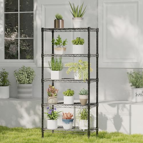 DUMOS 5-Tier Metal Wire Storage Shelves, Adjustable Standing Storage Rack Shelf, Heavy Duty Steel Shelving Unit Organizers for Kitchen Bathroom Pantry Garage, 23.2" Wx13.4 Dx59.8 H, Black - size: 5 Tiers-59.8"H without wheels