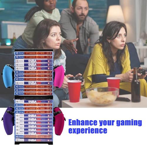 SIKEMAY Game Storage Tower for PS5/PS4/Xbox Series S & X - Universal Video Game Disc Organizer with 24 PCS Holders, 4 Controller Slots & Stand Rack Accessories - Black