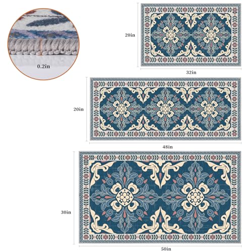 Kitchen Rugs Set of 3, Non-Slip & Washable Floor Mats, Water-Absorbent Area Pad, Standing Desk Mat for Office, Home, Doorway, Laundry, Kitchen Accessories (Retro Blue) - color: Retro Blue, size: 20"x32"+20"x48"+30"x50"