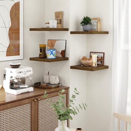 Fun Memories Square Floating Shelves for Wall - 12 Inch Deep Floating Shelves with Invisible Brackets, Brown Small Wall Shelf for Living Room, Bathroom, Bedroom, and Kitchen Decor Set of 4 - color: Brown, size: 12"W x12"D - 4P