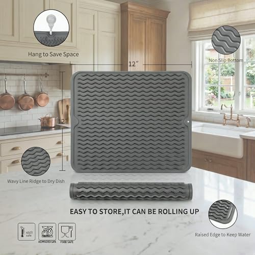 MicoYang Silicone Dish Drying Mat for Multiple Usage,Easy clean,Eco-friendly,Heat-resistant Silicone Mat for Kitchen Counter or Sink,Refrigerator or Drawer liner Grey M 12 inches x 12 inches - color: Gray, size: 12"L x 12"W