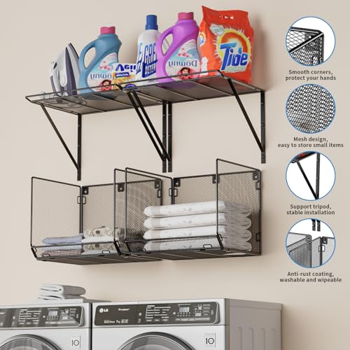 2 Pack Laundry Room Shelves Organization And Storage,Wall Mounted Clothes Drying Rack With Wire Mesh Basket Over Washer And Dryer,Large Capacity Floating Wall Shelf For Bathroom,Kitchen,Storeroom - color: White