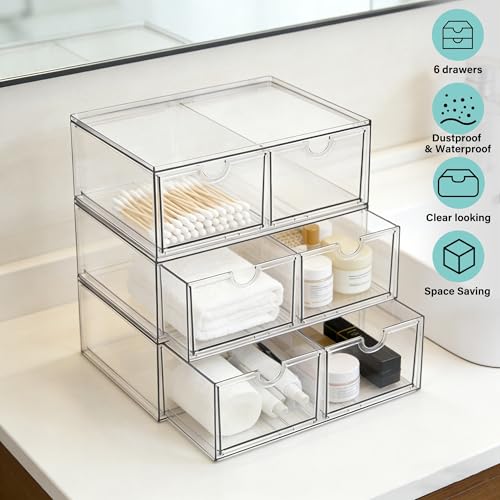 Prsildan 6 Small Drawers Stackable Storage Drawer Clear Acrylic Organizer | Makeup Organizers, Vanity Bathroom Kitchen Cabinets Under Sink Home Organization, 3 Pack - style: Style2-6Drawers