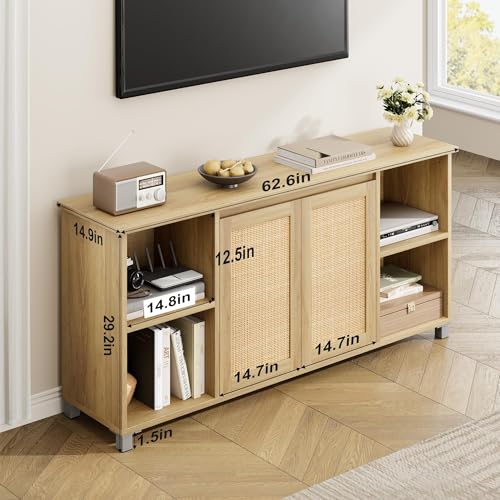 IDEALHOUSE Rattan TV Stand for 65" TVs, Natural Oak Media Console | Storage Cabinet & Adjustable Shelves, Boho Media Console, Natural Oak Finish, Rattan Doors, Living Room Bedroom - color: Natural