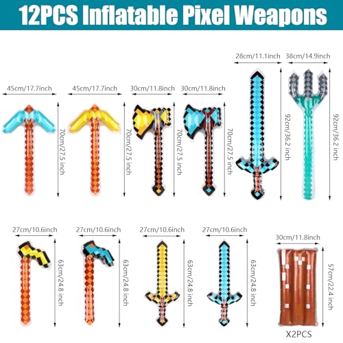 CCINEE 12PCS Inflatable Pixel Weapon Bulk Diamond Swords Axe Pickaxe Trident Shields For Cosplay Birthday Swimming Pool Beach Party Supplies