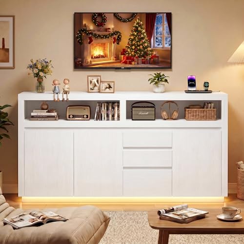 FACBOTALL 63" W Modern TV Stand, Large Entertainment Center with Storage Cabinets & Drawers, Media Console Cabinet up to 70 Inch with LED Lights & Power Outlet, TV Consoles for Living Room, White - color: White