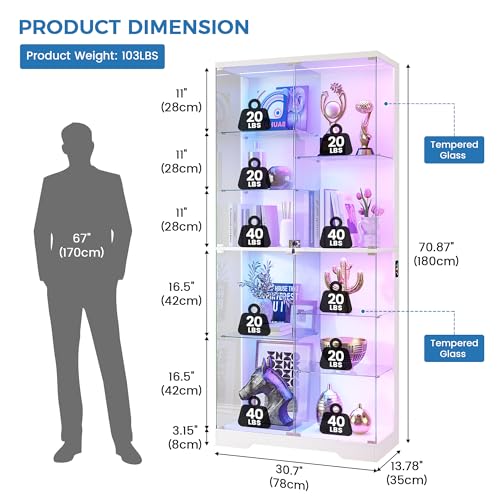 HNEBC Display Cabinet with Glass Doors - 10-Tiers 71” Curio Cabinet with RGB Lights, Frameless Tall Display Case for Collectibles/Figures, Locking Showcase Cabinet with Shelf for Living Room (White)