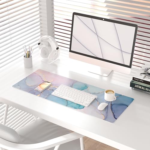 QIYI Large Mouse Pad, PU Leather Desk Mat for Desktop, Waterproof Gaming Pad, Marble Full Desk Accessories Keyboard Mousepad, Abstract Art Home Office Décor 31.5" x 11.8" - Blue Pink Fluid - color: Blue Pink Fluid, size: 31.5" x 11.8"