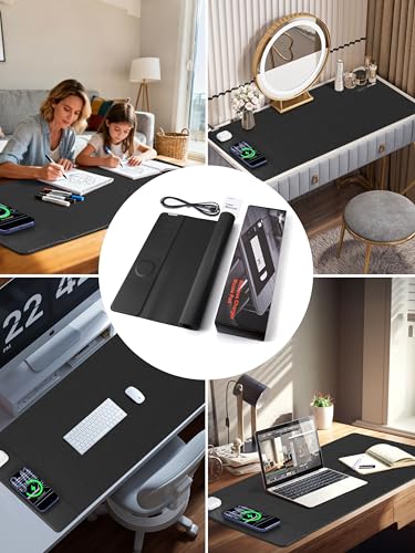 TopMade Mouse Pad with 15W Wireless Charging, XXL Large Leather Desk Mat, Waterproof Gaming Mousepad Home Office Desk Pad Protector, Computer Keyboard Pad, Mouse Mat for MacBook, PC, Laptop, Black - color: Black