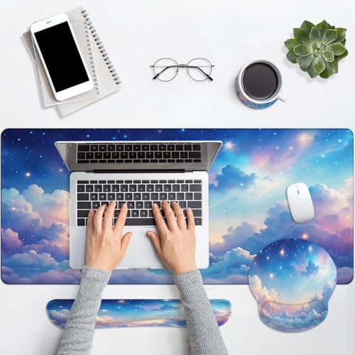 Arttown Starry Sky Desk Mat Cloud Colorful Mouse Pad Set 4 in 1 Beauty Night Sky Ergonomic Design Large Desk Pad + Keyboard Wrist Rest + Mouse Wrist Rest + Coaster Suitable for Home Office Study Game - color: Starry Sky