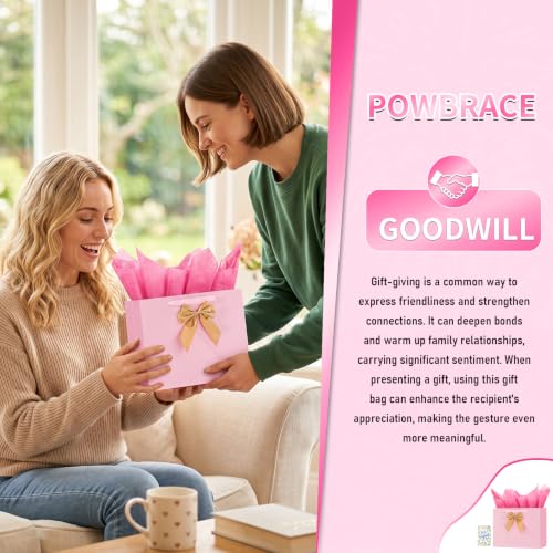 Powbrace Pink Bags with Handles, 13" Medium Gift Bag Set - 2 Gift Bag with Bow, 4 Tissues & Greeting Card for Wedding Baby Shower Fathers Day Mothers Day Birthday Party - color: 2Pcs Bright Pink Glossy – General Purpose, size: 1 count (Pack of 1)