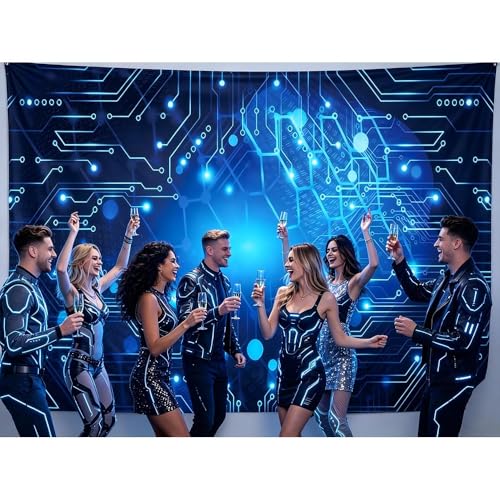 10x8FT Blue Glow Circuit Board Photo Backdrop Tech Theme Sequin Glitter Photography Background Digital Innovation Electronics Event Party Banner Decoration Supplies Polyester - size: 10x8FT