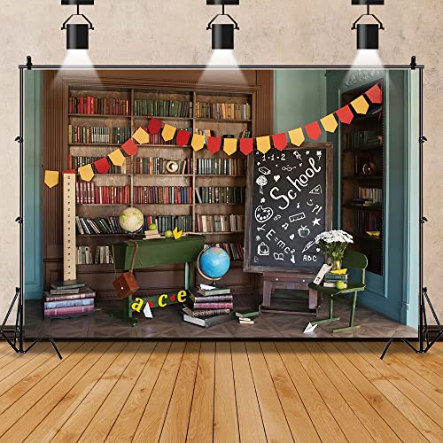 Laeacco 15x10ft Back to School Backdrop, Vintage Wooden Bookcase Blackboard Photography Background Globe Study Desk Books Backdrop for Online Class Supplies Kindergarten Classroom Decoration - size: 15x10ft