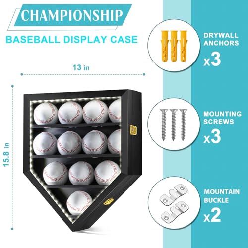 GYaozii LED Baseball Display Case 12 Balls UV Protection Wood Frame | LED Baseball Holder Shadow Box for HD Acrylic Front Wooden Frame for Collecting Autographed Balls Exquisite Souvenirs - size: 12 Baseballs Display Case with Light