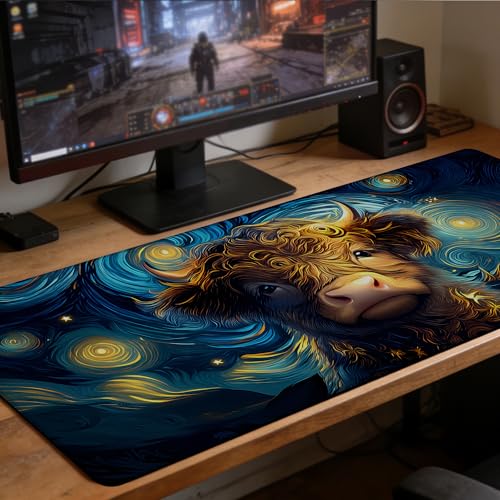Starry Night Highland Cattle Gaming Mouse Pad Large Desk Mat Extended Keyboard Anime Mousepad with Non-Slip Base and Stitched Edge for Desk Home Office Gaming,31.5 x 11.8 Inch - color: Starry Night Highland Cattle, size: 11.8*31.5inch