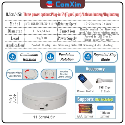Motorized Rotating Display Stand with Remote, 4.53in 360 Electric Turntable for Display,Photography,3D Scanner Models, Motorized Lazy Susan and Photography Turntable Control Angle/Speed,Step/Swing/Continuous Rotation - size: 4.53inch/White/11Lbs Load