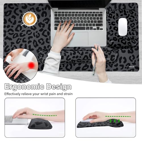 MOSISO Wrist Rest Support for Mouse Pad&Keyboard Set, Ergonomic Large Leopard Grain Desk Mat&Coaster Set, Non-Slip Mousepad&Pain Relief&Easy Typing Cushion with Memory Foam for Home Office, Black