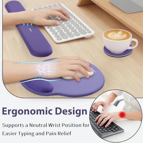 Sushret Mouse Pad and Keyboard Wrist Rest, 3-in-1 Gel Memory Foam Ergonomic Mouse Pad with Wrist Rest Set, Gaming Mousepad Arm Cushion Support for Computer Office Desk Accessories Cute Setup, Purple - color: Purple