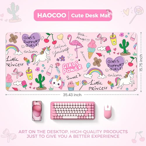 HAOCOO Kawaii Large Desk Mat for Girls, 35.4"x15.7" PU Leather Computer Pad, Waterproof Desk Protector Writing Pad, Cute Office Accessories for Women,Stitched Edges Keyboard Mat for Home - color: Pink