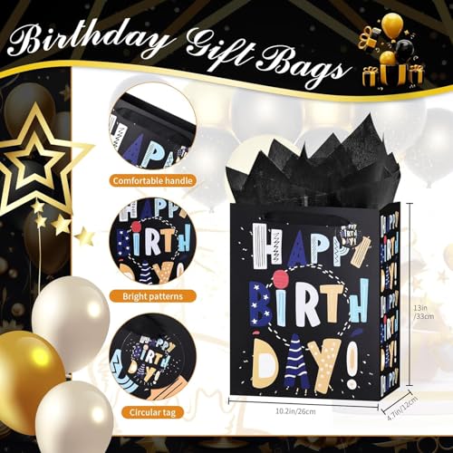 13" Black Happy Birthday Bag with Tissue Paper and Greeting Card for Party,Happy Birthday Gift Bag for Boys, Kids, Men,Gift Bags Medium size (1 PCS Black, Gift Bag) - color: 1 PCS Black Gift Bags, size: 1 count (Pack of 1)
