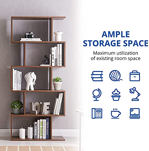 Cozy Castle Set of 2 Geometric Bookcase, S-Shaped Modern Bookshelf, Room Divider Bookshelf, 62" Tall Unique Abstract Bookcase with 5-Tier Display Shelf for Living Room Office, Rustic Brown - color: Rustic Brown