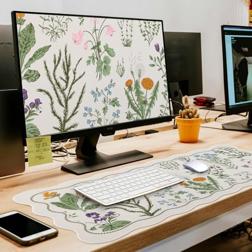 L-SPOUTTO Floral Mouse Pad,Botanical Desk Mat XXL Large Scalloped Gaming Mousepad,35.4x15.7in Non-Slip Keyboard Pad Waterproof Desktop Mat for Laptop Computer Work Game Home Office-Flowers Plants - color: Botanical Flowers Beige