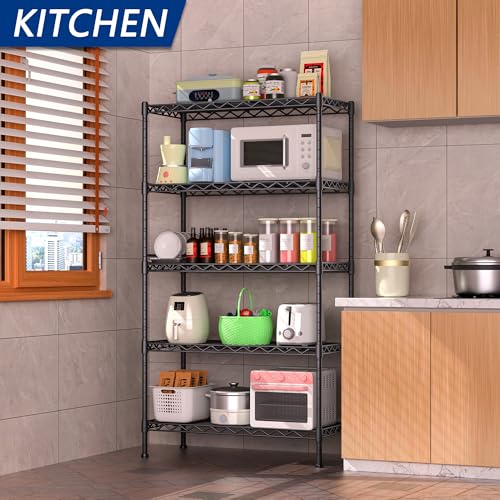 Soywey 5-Shelf Adjustable Heavy Duty Storage Shelving Unit, Metal Organizer Wire Rack for Laundry Bathroom Kitchen Pantry Closet, Black - size: 5-Shelf, style: No Wheels