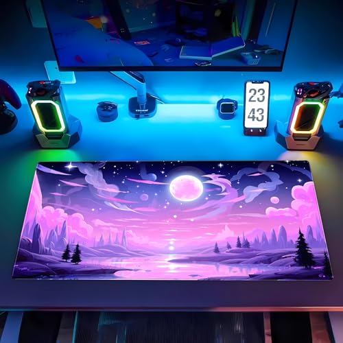 Extended Gaming Mouse Pad XL, Pink Purple Anime Desk Mat 31.5x15.7 | Aesthetic large mousepad featuring a magical purple moon and cloud design. Perfect for cute anime desk setups. - color: Pink Moon Lake