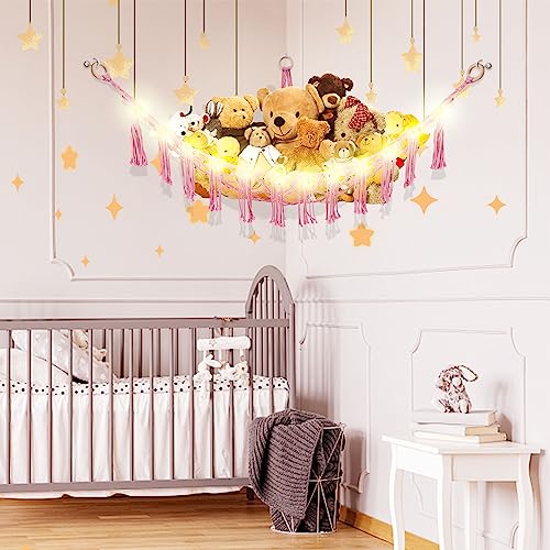 CERETIA Stuffed Animal Hammock with LED Light, Large Stuffed Animals Storage Corner Plushie Net for Kids Room Decor, Pink - color: Pink, size: Large-(Package of 1)
