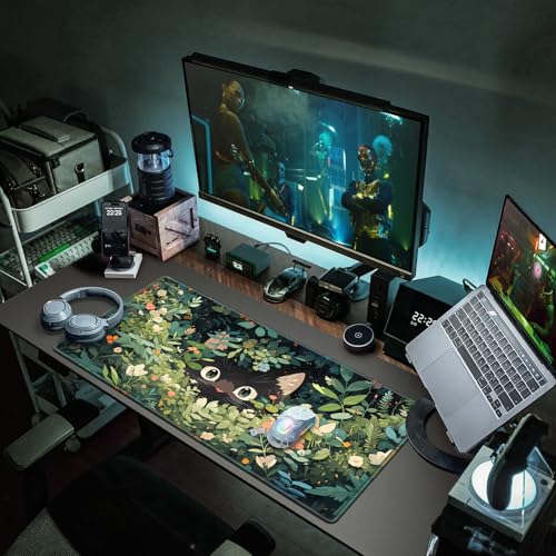 Canjoy Cute Black Cats Anime Mouse pad, 31.5x15.7inch Kawaii Computer Keyboard Mat Extended Large Gaming Mouse Pad with Non-Slip Rubber Base - color: Curious Cat