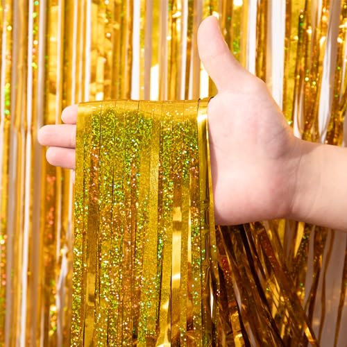 Voircoloria 3 Pack 3.3 x 8.2 ft Laser Gold Foil Fringe Backdrop Curtains, Tinsel Streamers Birthday Party Decorations, Fringe Backdrop for Graduation, Baby Shower, Gender Reveal, Disco Party - color: 06 Laser Gold