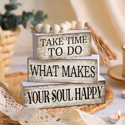 Yuntau 4 Pcs Farmhouse Tabletop Decoration Inspirational Farmhouse Tiered Tray Decor Rustic Retro Wood Bead Garland Take Time to Do What Makes Your Soul Happy Block Centerpiece Sign for Home Shelf - style: Inspirational