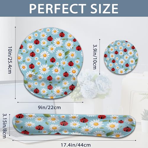 Ladybug Wrist Rest Mouse Pad and Keyboard Support Set,Daisy 3 in 1 Ergonomic Memory Foam Mousepad with Non Slip Base, Gaming Mouse Pad for Office and Home - color: Ladybug Daisy