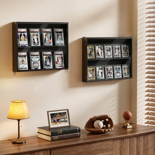 Emfogo Card Display Case, 2 Pack Trading Card Display with Clear View, Wooden Graded Sports Card Display Case Wall Mounted, Baseball Card Display Frame for Trading Card Collection (2 Pack-Black) - size: 2-Layer 2 Pack