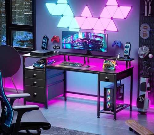 Furologee 60" Black Computer Desk with 4 Drawers and Printer Space, Gaming Desk with LED Lights and USB Power Outlets, Home Office Desk with Fabric File Cabinet,Study Work Table with Shelf for Bedroom - color: Black