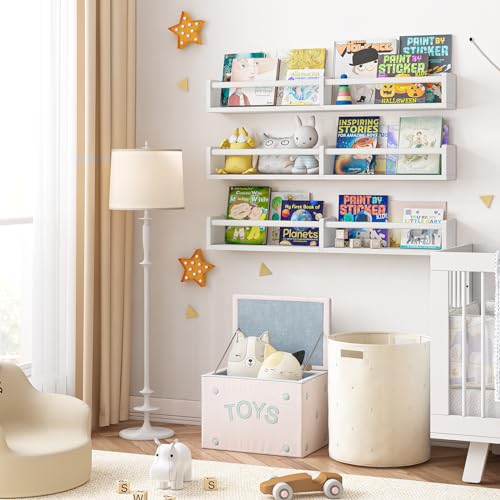 Fixwal Nursery Bookshelves, 32in Floating Bookshelves for Wall Set of 3, Wood Wall Mounted Floating Shelves for Baby Nursery Decor, Toys and Decor Storage (White) - color: White, size: 32inches