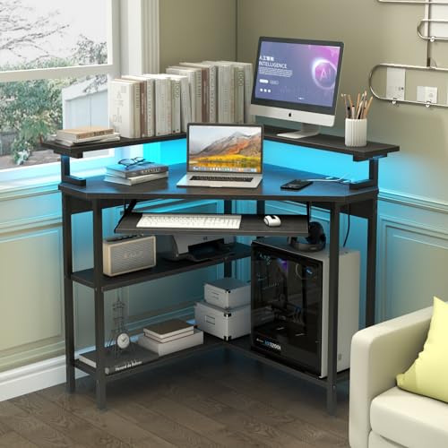 Auromie Corner Desk with Charging Station & LED Light, Triangle Corner Desk with Monitor Stand & Keyboard Tray for Small Space, Gaming Computer Desk with Storage Shelves for Home Office (Black) - color: Black Plus