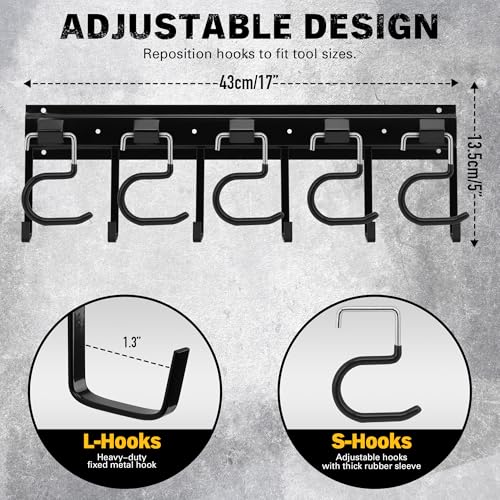 ELEAD 68'' All Metal Adjustable Garden Tool Organizer: Garage Tool Organizer Wall Mount with Black Hooks, Garage Organizers and Storage, Tool Hangers for Shed - color: 68-Inch Black